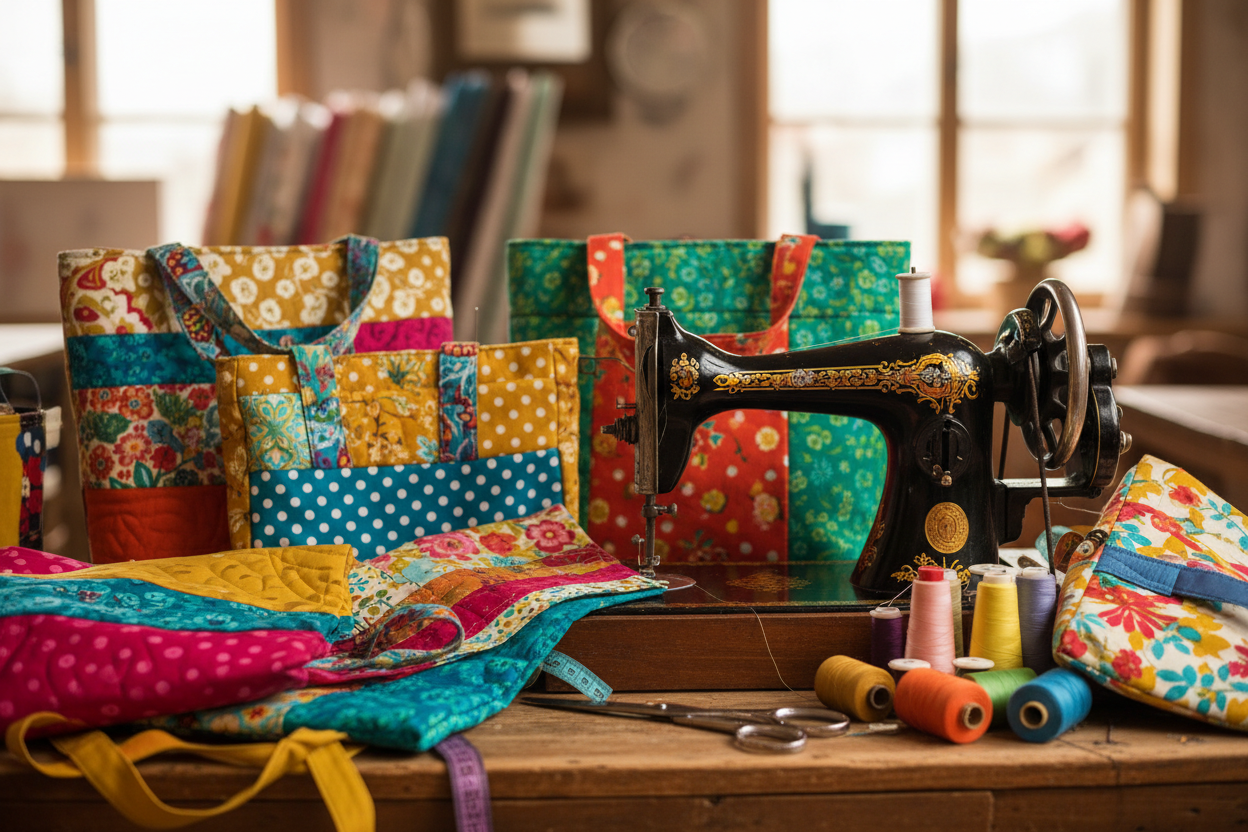 Sewing machine with colorful bags and totes